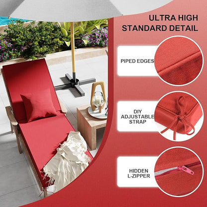Outdoor Water-Resistant Olefin Chaise Lounge Cushions with Pillow, Weather and Fade Resistant Patio Furniture Lounge Chair Cushion Ideal for Patio, Lawn, Garden, Red, 80" L x 26" W x 5" T