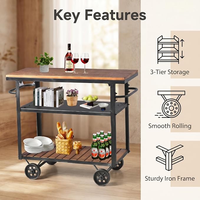 Industrial 3 Tier Rolling Utility Storage Cart Wine Beverage, Metal Wine Rack with Wheels Kitchen Bar Dining Room Tea Wine, Storage Cart with Wood