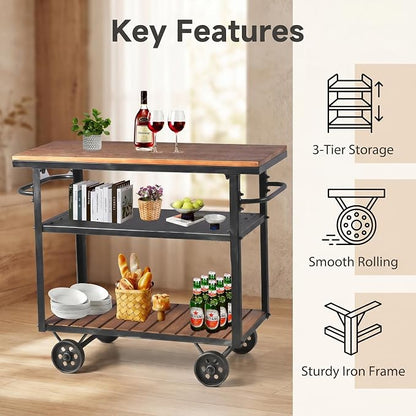 Industrial 3 Tier Rolling Utility Storage Cart Wine Beverage, Metal Wine Rack with Wheels Kitchen Bar Dining Room Tea Wine, Storage Cart with Wood