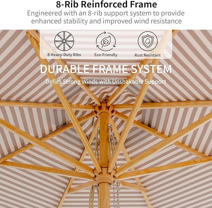 9FT/10FT Wood Patio Umbrella, Large Outdoor Table Pool Umbrella | 205G Olefin/180G Polyester Fabric, Push-Pull Operation Market Umbrella, 8 Rib Vented Canopy, Ideal for Patio, Backyard