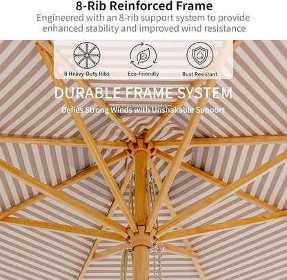 9FT/10FT Wood Patio Umbrella, Large Outdoor Table Pool Umbrella | 205G Olefin/180G Polyester Fabric, Push-Pull Operation Market Umbrella, 8 Rib Vented Canopy, Ideal for Patio, Backyard