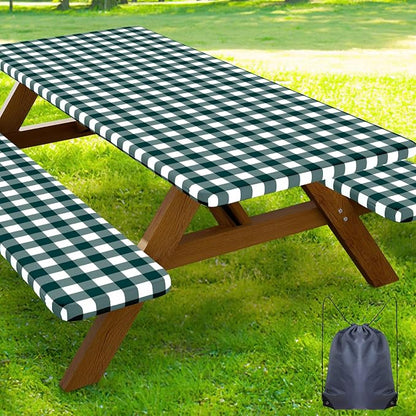 Smiry Picnic Table Cover with Bench Covers, Waterproof Elastic Fitted Tablecloths for 5 Foot Rectangle Tables, Washable Buffalo Plaid Tablecloth for Camping, Outdoor (Emerald Green & White, 30"x60")