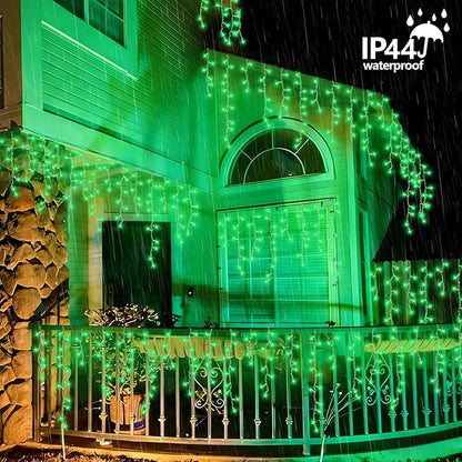 QITONG Green Halloween Lights, 33ft 400 LED Icicle Light for Outside with 8 Modes, Clear Wire Connectable Christmas String Lights Plug in Indoor