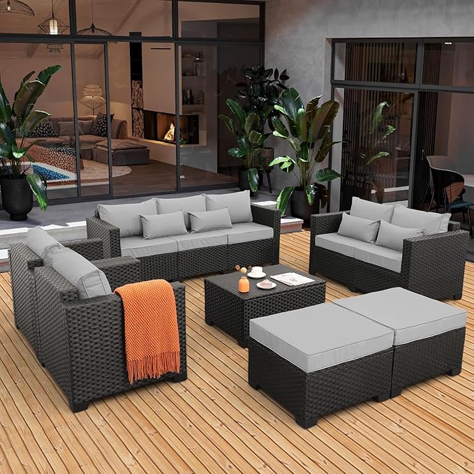 Rattaner Patio Furniture Sets 7 Pieces Outdoor Furniture Sectional Patio Couches Set with Storage Table Light Grey Cushions