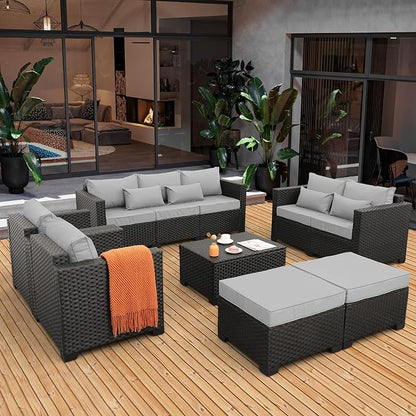 Rattaner Patio Furniture Sets 7 Pieces Outdoor Furniture Sectional Patio Couches Set with Storage Table Light Grey Cushions