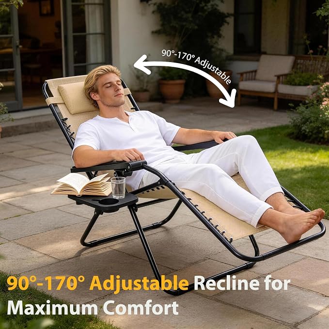 NEWBULIG Zero Gravity Chairs Set of 2, Folding Lounge Chair, Khaki | Portable Lawn Camping Recliner with Adjustable Pollow, Mesh Back, Cup Holder Trays for Pool Beach Patio