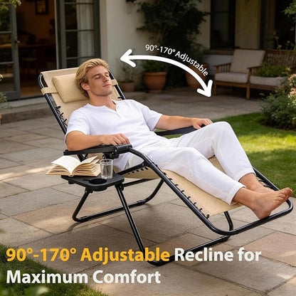 NEWBULIG Zero Gravity Chairs Set of 2, Folding Lounge Chair, Khaki | Portable Lawn Camping Recliner with Adjustable Pollow, Mesh Back, Cup Holder Trays for Pool Beach Patio