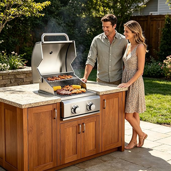 2 Burner Propane Gas Grill, Built-In Head BBQ, 304 Stainless Steel 20,000BTUs,Island Natural Gas Convertible Outdoor Kitchen Island Family Cooking