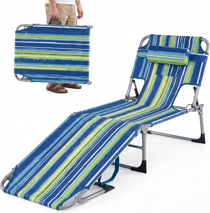 Goplus Tanning Chair, Folding Beach Lounge Chair with Face &Arm Hole, 4-Position Adjustable,Removable Pillow,Side Pocket, Sunbathing Chair, Portable Outdoor Lounge Chair for Patio Pool Lawn