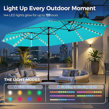 SUPERJARE 15ft Large Patio Umbrella with Base included, Double Sided Outdoor Umbrella with Solar Lights, Pool Umbrella with Fade Resistant Canopy for Deck, Porch, Yard, Balcony, Light Blue
