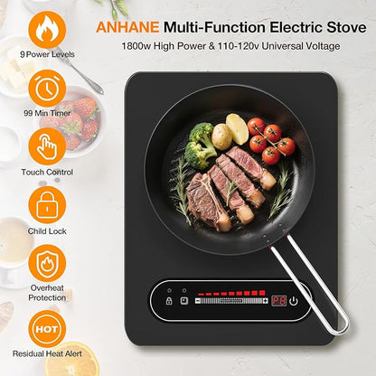 ANHANE 1800W Electric Cooktop, 11 Inch Portable Single Burner with Timer & Child Lock - 110-120V Compact Countertop Stove for Everyday Cooking in Kitchen, Dorm, RV or Office