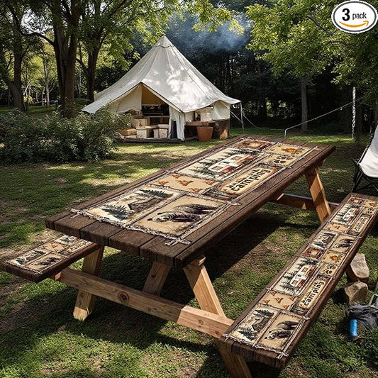 Picnic Table Cover with Bench Covers Elastic Edges, Cabin Camper Rustic Fitted Table Cover, Outdoor Patio Camping Essentials 3PCS, Waterproof Camping Tablecloth with Drawstring Bag 96in