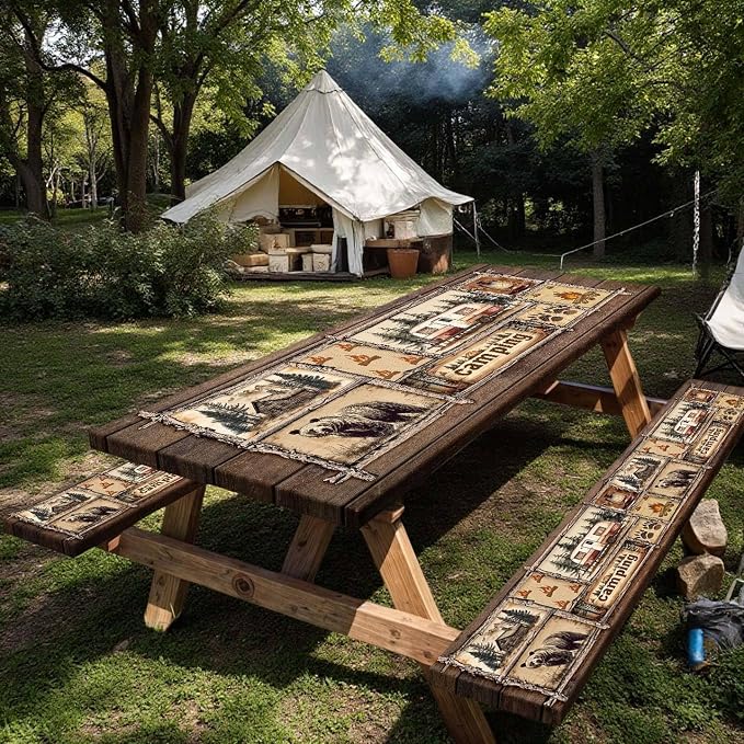 Picnic Table Cover with Bench Covers Elastic Edges, Cabin Camper Rustic Fitted Table Cover, Outdoor Patio Camping Essentials 3PCS, Waterproof Camping Tablecloth with Drawstring Bag 72 in