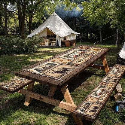 Picnic Table Cover with Bench Covers Elastic Edges, Cabin Camper Rustic Fitted Table Cover, Outdoor Patio Camping Essentials 3PCS, Waterproof Camping Tablecloth with Drawstring Bag 72 in