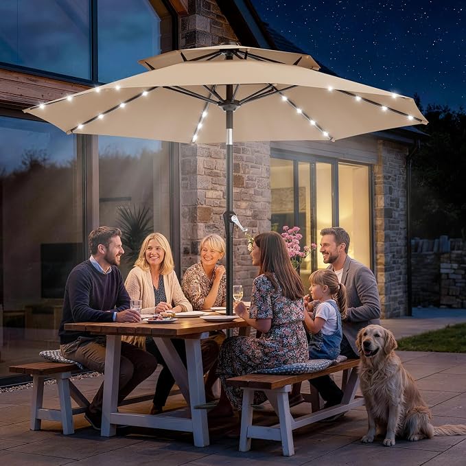 AreShark 9ft 2 Tiers Patio Umbrella with Solar Lights, Outdoor Umbrella w/ 32 LED Lights&8 Sturdy Ribs, Table Umbrella for Deck, Backyard, Pool(Beige)
