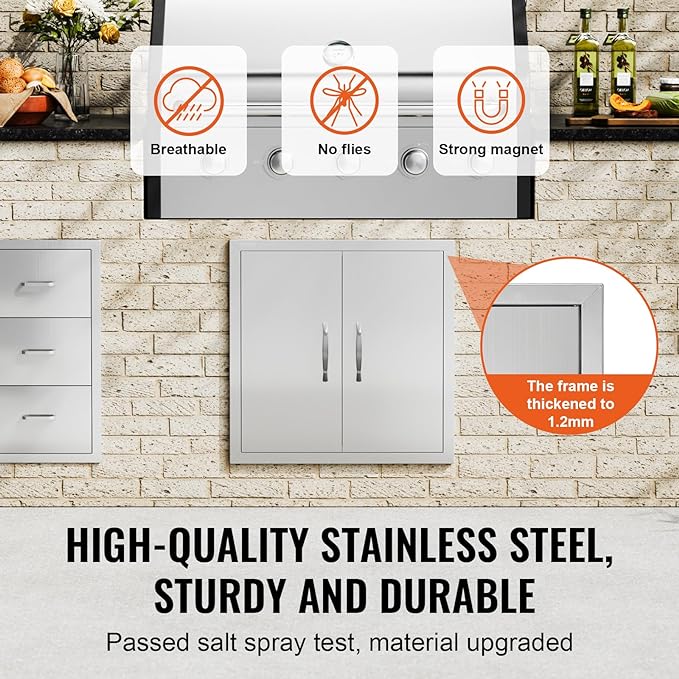 VEVOR BBQ Access Door 24W x 24H Inch, Grill Door Double Door Brushed Stainless Steel, Outdoor Kitchen Doors for BBQ Island Grilling Station