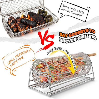 2-in-1 Rotatable Rolling Grill Basket, 304 Stainless Steel, with Removable Wooden Dual Handles & Rotating Stand, BBQ Accessories Tools for Vegetables Shrimp, Gifts for Birthday/Men/Dad/Husband