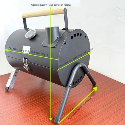 Portable charcoal grill with thermometer and double-sided grill net, suitable for camping and backyard smoking barbecue