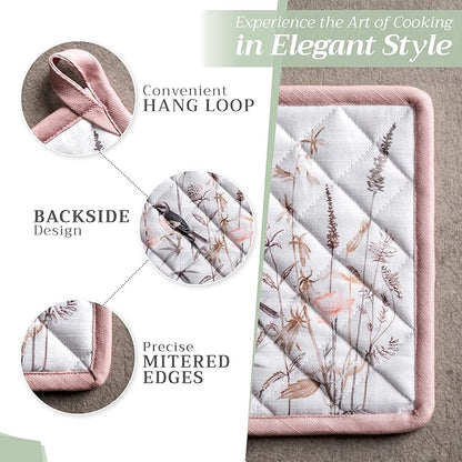 Maison d' Hermine Pot Holders 100% Cotton Heat Resistant Potholders 8" x 8" Hot Pads with Loop Baking Hotel Farmhouse Kitchen Handling Hot Pans Spring Summer (Pack of 2, Meadow Florals - Brown)