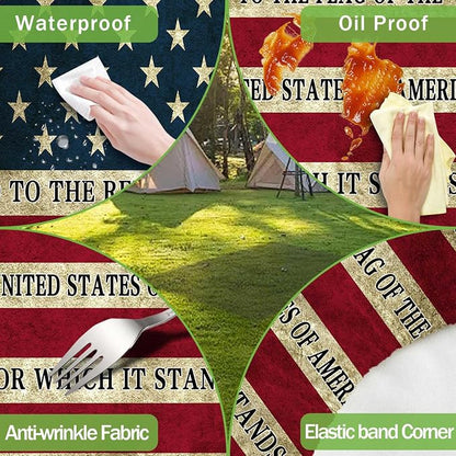 JAWO Vintage American Flag Pledge of Allegiance 3 Piece Picnic Table & Bench Cover Set, Waterproof Elastic Fitted Tablecloth for 4th of July Memorial Day Outdoor BBQ Patio, 30X60in