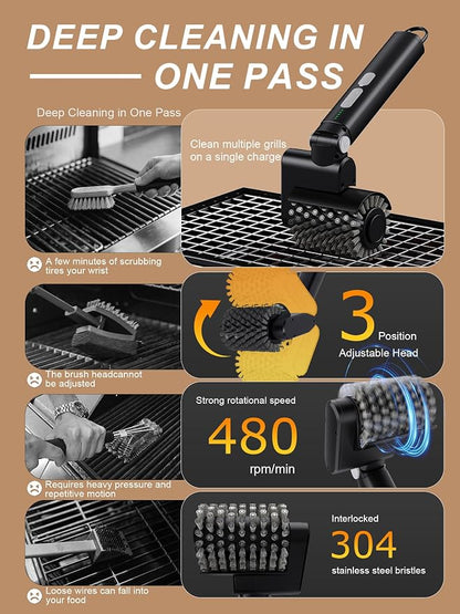 Electric Grill Brush, Cordless Automatic BBQ Grill Cleaner | Rechargeable Grill Cleaning Brush with 3 Heads, 3-Speed & Angle Adjust, 150Mins Runtime for Barbecue Grates