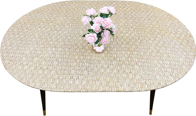LIBERECOO Oval Fitted Vinyl Tablecloth with Flannel Backing - Fits 48 x 68 Inch Oval Table - Rope Weaving - Elastic Edged for Secure Fit, Waterproof Wipeable Table Cover