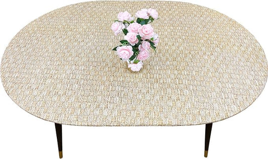 LIBERECOO Oval Fitted Vinyl Tablecloth with Flannel Backing - Fits 48 x 68 Inch Oval Table - Rope Weaving - Elastic Edged for Secure Fit, Waterproof Wipeable Table Cover