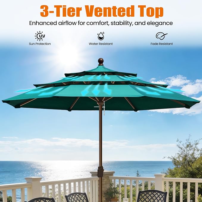 EliteShade USA 10-Year-Non-Fading 10ft 3-Tier Market Patio Umbrella, Commercial Grade Outdoor Table Umbrella with Crank Open, Windproof & UPF 50+ UV Protection, Heavy Duty Ventilation for Garden, Deck, Pool, Backyard, Beach & Bistro, No Tilt, Teal