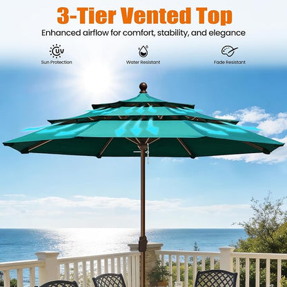 EliteShade USA 10-Year-Non-Fading 10ft 3-Tier Market Patio Umbrella, Commercial Grade Outdoor Table Umbrella with Crank Open, Windproof & UPF 50+ UV Protection, Heavy Duty Ventilation for Garden, Deck, Pool, Backyard, Beach & Bistro, No Tilt, Teal