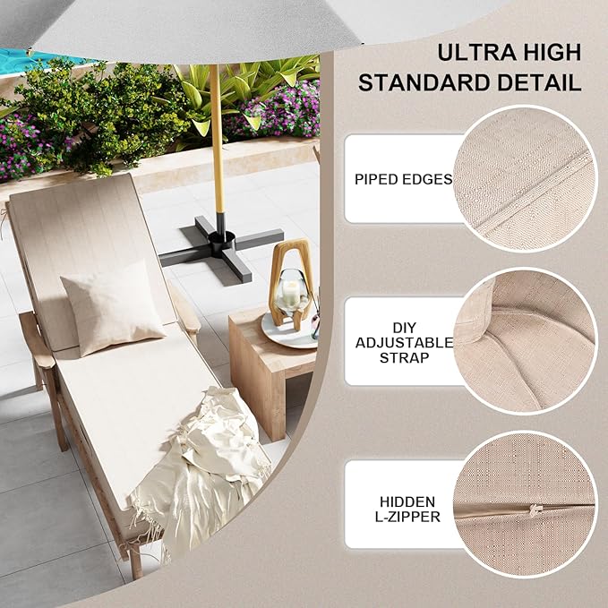 Outdoor Water-Resistant Olefin Chaise Lounge Cushions with Pillow, Weather and Fade Resistant Patio Furniture Lounge Chair Cushion Ideal for Patio, Lawn, Garden, Light Beige, 72"L x 21"W x 5"T