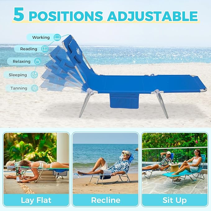 #WEJOY Folding Tanning Chair with Face Hole, 5-Position Face Down Beach Lounge Chair for Sunbathing, Lightweight Portable Outside Recliner with Side Pocket & Shoulder Straps for Pool, Patio, Blue