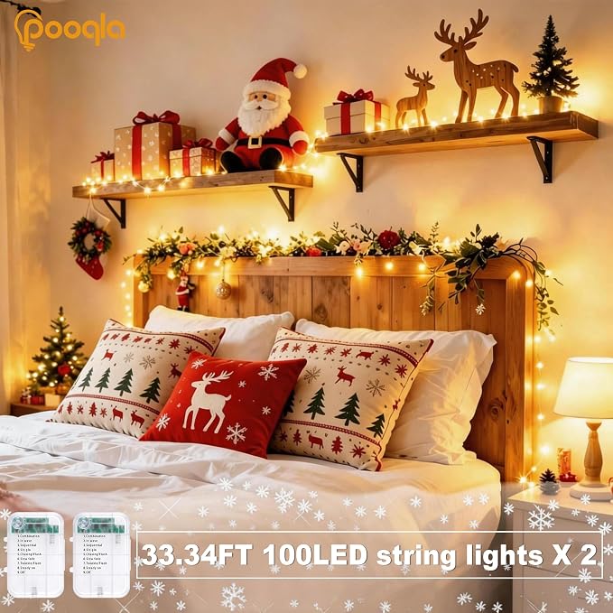 Pooqla 2 Pack String Lights Battery Operated, Total 66.6ft 200 LED Fairy Lights Indoor Outdoor Decorations, 8 Modes Warm White Battery Christmas Lights for Bedroom Classroom Porch Party Yard Decor