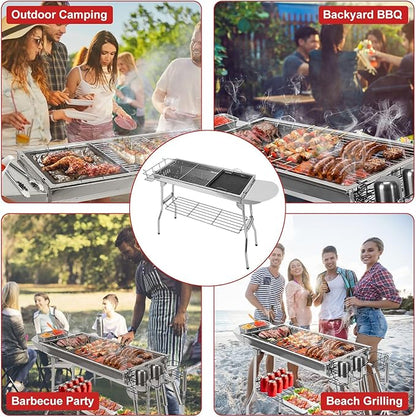 Portable Charcoal Grill, Foldable Camping Barbecue Grill with Storage Shelf, Stainless Steel Outdoor BBQ Grill Table for Garden Backyard Party Picnic Travel