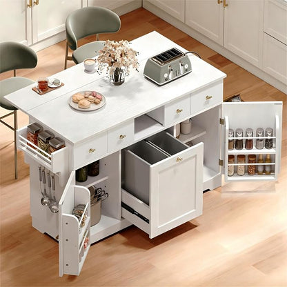 YITAHOME 59" Rolling Kitchen Island with Drop Leaf & Power Outlet, Double Pull-Out Kitchen Trash Can, Fits 10-Gal Waste Bin, Portable Islands on Wheels with Door Storage & Spice Rack, White
