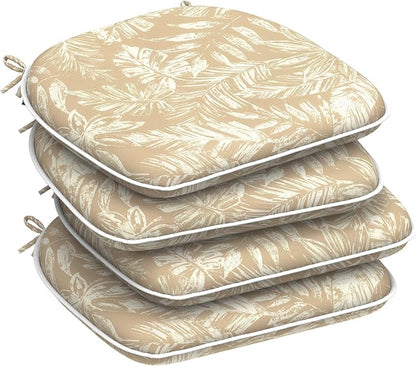DYTXIII Set of 4 Outdoor Chair Cushions with Ties,Water Repellent Patio Chair Pads 17"x 16" for Outdoor Furniture,Round Corner Seat Cushions for Garden Yard Kitchen Tropical Leaf Oat