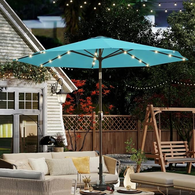 10FT Solar Umbrella 32 LED Lighted Patio Umbrella Table Market Umbrella w/Tilt and Crank, UV-Resistant Outdoor Umbrella for Pool, Garden, Deck, Sky Blue