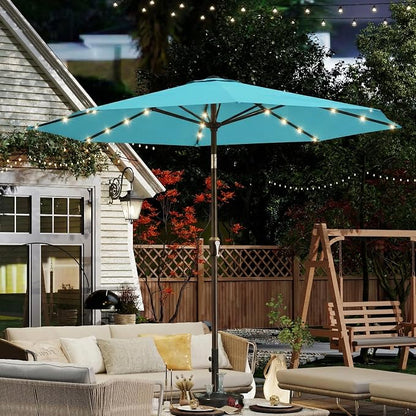 10FT Solar Umbrella 32 LED Lighted Patio Umbrella Table Market Umbrella w/Tilt and Crank, UV-Resistant Outdoor Umbrella for Pool, Garden, Deck, Sky Blue