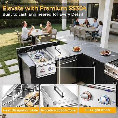 Grilling Side Burners for Outdoor Kitchen, 2 * 18,000BTU Liquid Propane Side Burner,Convertible to Natural Gas, Duty Heavy 304 Stainless Steel, Double Burner for BBQ Island Grill, Gold