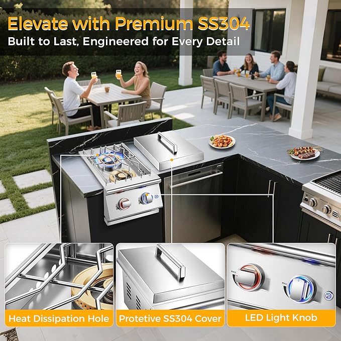 Grilling Side Burners for Outdoor Kitchen, 2 * 18,000BTU Natural Gas Side Burner,Convertible to Liquid Propane, Duty Heavy 304 Stainless Steel, Double Burner for BBQ Island Gril, Gold
