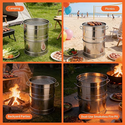 Barril Para Asar Carne, Large Portable Charcoal Grills with S Hook Grilled Fish Clip Shakers Stainless 360° Smokeless Outdoor Barbecue Grill for Outdoor Cooking and Barbecue