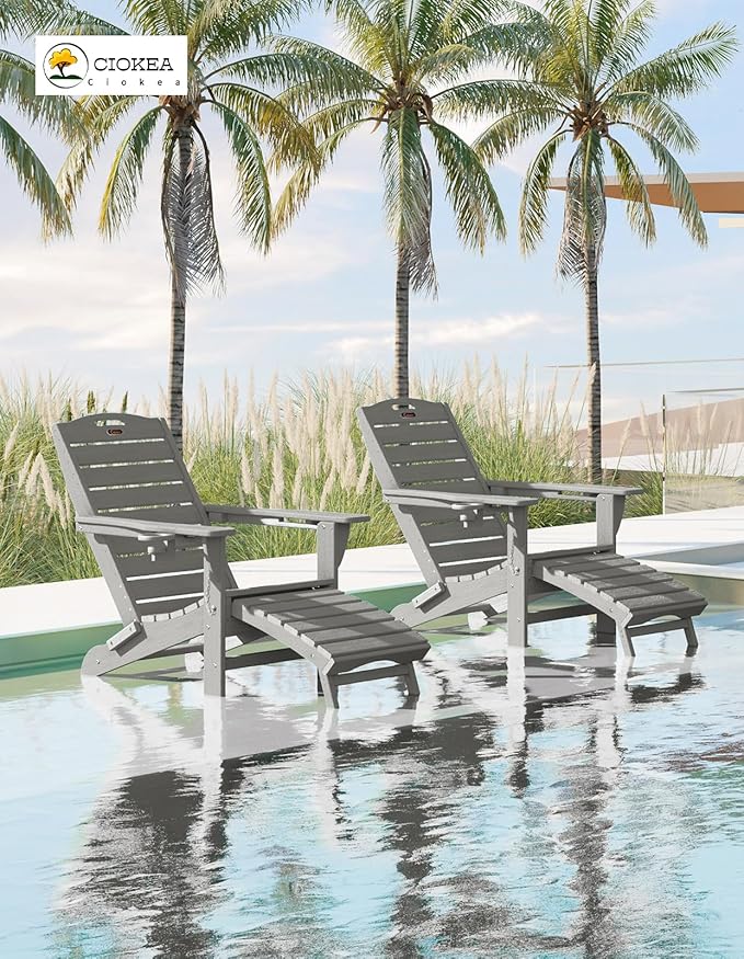 Ciokea Folding Adirondack Chair Set of 4 with Retractable Ottoman Fire Pit Patio Chair with Pull Out Foot Rest Weather Resistant Lawn Outdoor Chair with 2 Cup Holder (Grey)