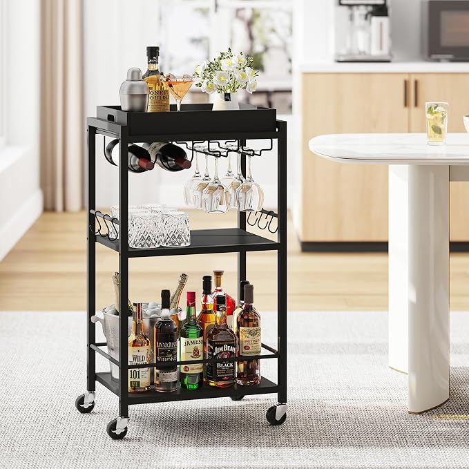 TUTOTAK Bar Cart with Wheels, Mini Drink Cart with Wine Rack & Glass Holder | 3-Tier 17 Inch Wide Home Bar Serving Carts, Small Mobile Kitchen Shelf with 6 Hooks, Black BC01BK036