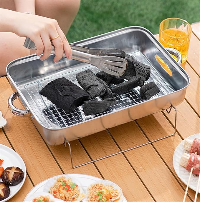 Barbecue Charcoal Grill Stainless Steel Barbecue Charcoal Grill Desktop For Camping Outdoor Hiking Portable Charcoal Grill, 38*26*11cm, Silver