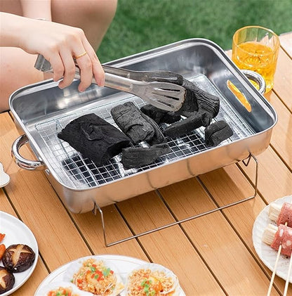 Barbecue Charcoal Grill Stainless Steel Barbecue Charcoal Grill Desktop For Camping Outdoor Hiking Portable Charcoal Grill, 38*26*11cm, Silver