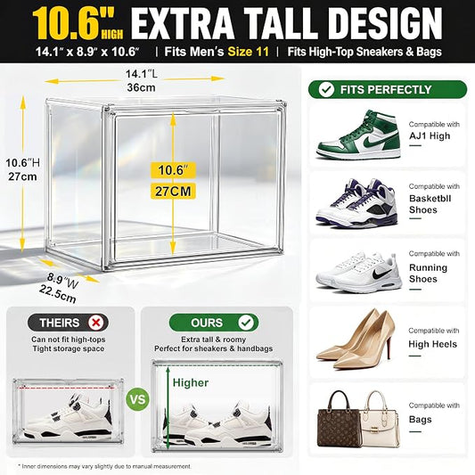 12 Pack Clear High-Top Sneaker Storage Boxes, Acrylic Shoe Organizer | Extra height 10.6'' for high-top sneakers & athletic footwear Size 11.Stackable display design keeps collections organized