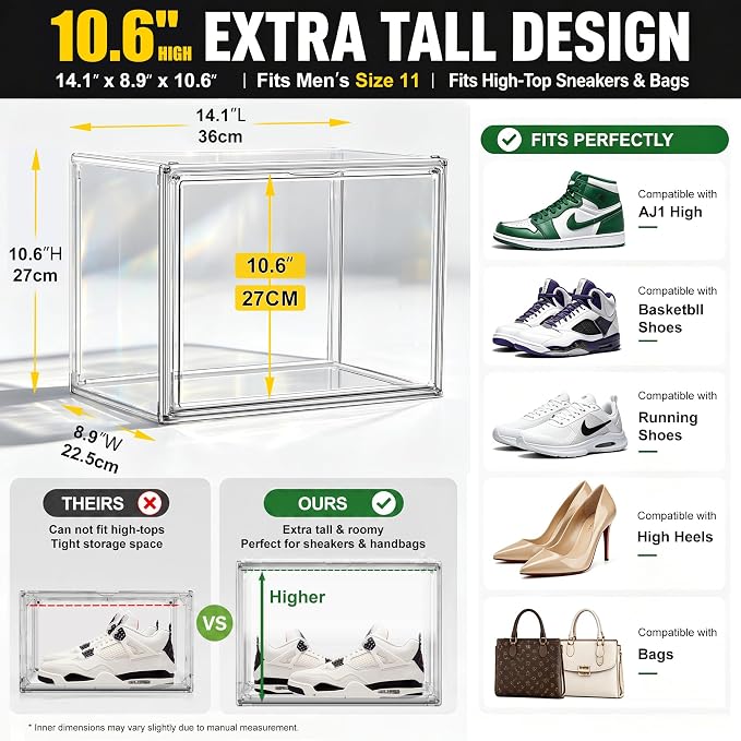 Clear High-Top Sneaker Storage Box, Acrylic Shoe Organizer 1 Pack | Extra height 10.6'' for high-top sneakers & athletic footwear Size 11. Stackable display design keeps collections organized