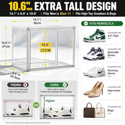 Clear High-Top Sneaker Storage Box, Acrylic Shoe Organizer 1 Pack | Extra height 10.6'' for high-top sneakers & athletic footwear Size 11. Stackable display design keeps collections organized