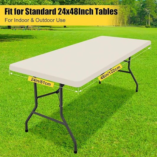 Smiry 2 Pack Rectangle Tablecloth, Elastic Fitted Flannel Backed Vinyl Tablecloths for 4ft Folding Tables, Waterproof Wipeable Table Covers for Outdoor, Indoor, Picnic and Camping (Beige, 24"x48")