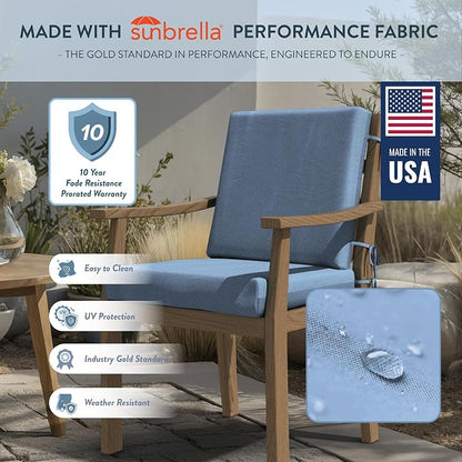 California Umbrella Outdoor Dining Chair, Patio Seat Cushion, 20 x 40 Inch, Premium Outdoor Memory Foam, Fade Resistant, Sunbrella Fabric, Fabric Ties, Air Blue