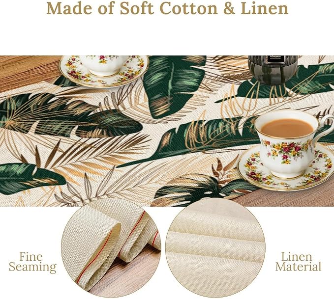 Gold Tropical Leaves Table Runner Jungle Green Plam Leaves Retro Boho Hawaii Botanical Plant Modern Geometric Seasonal Dinner Runner for Farmhouse Kitchen Dining Home Holiday Party 13x70in